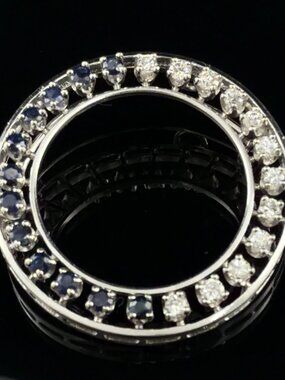 14K White Gold Natural Sapphire & Diamond Circle Pendant Brooch Estate